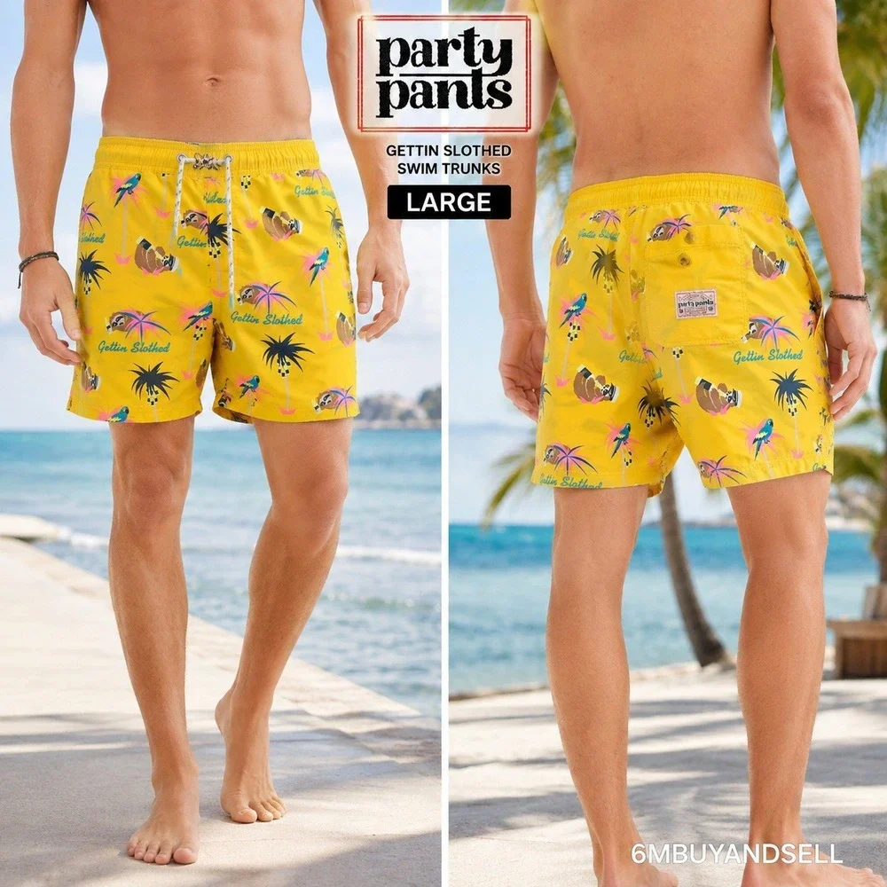 Party Pants Mens Yellow Gettin Slothed Swim Trunks Shorts P12311115 Large